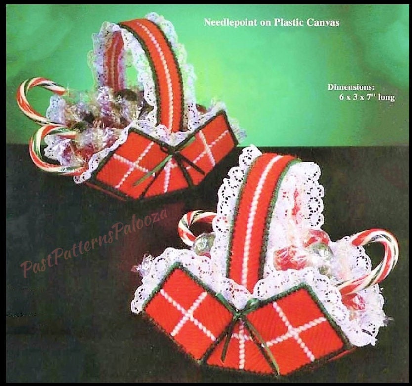 Vintage Plastic Canvas Pattern 6" Christmas Baskets Candy Cane Gift Holders PDF Instant Digital Download 7 Ct
