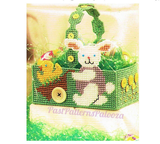 Vintage Plastic Canvas Pattern 7" Easter Bunny Chicks Easter Egg Candy Basket PDF Instant Digital Download Buttons on Handle 7 Ct