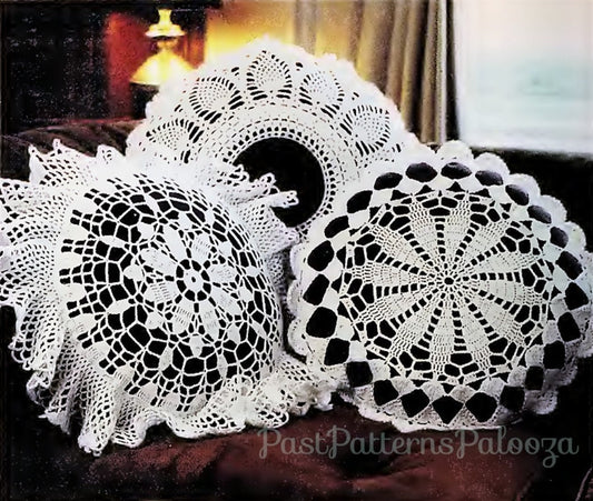 Vintage Thread Crochet Pattern 16" Round Doily Pillow Top Covers PDF Instant Digital Download 3 Lacy Designs Pinwheel Pinecone Daisy Flower