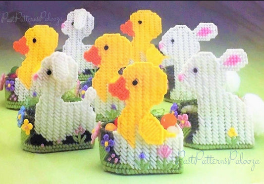 Vintage Plastic Canvas Pattern 4" Spring Bunnies Lambs Chicks Easter Candy Jelly Bean Holders PDF Instant Digital Download Mini Egg Baskets