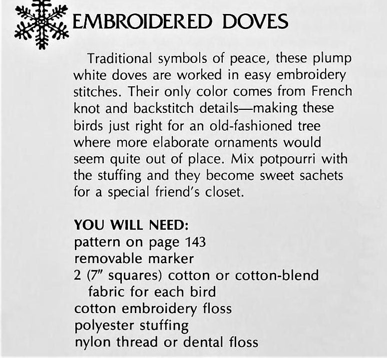 Vintage Christmas Sewing Pattern 6" Embroidered Doves  Bird Ornaments Cotton Fabric PDF Instant Digital Download