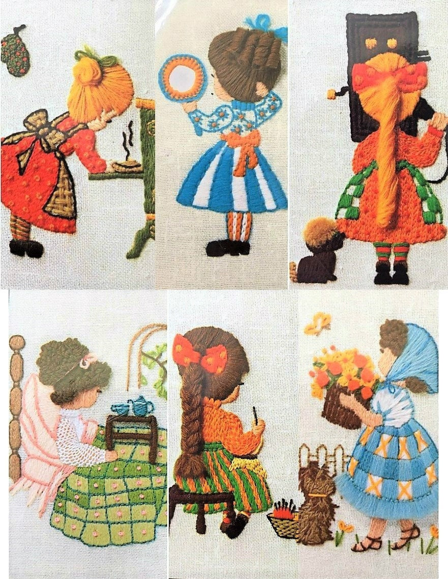 Vintage Crewel Embroidery Patterns Cute Kitsch Girls Old Fashioned Little Ladies PDF Instant Download Mini Stitchery 5x7 Lot of Six Designs