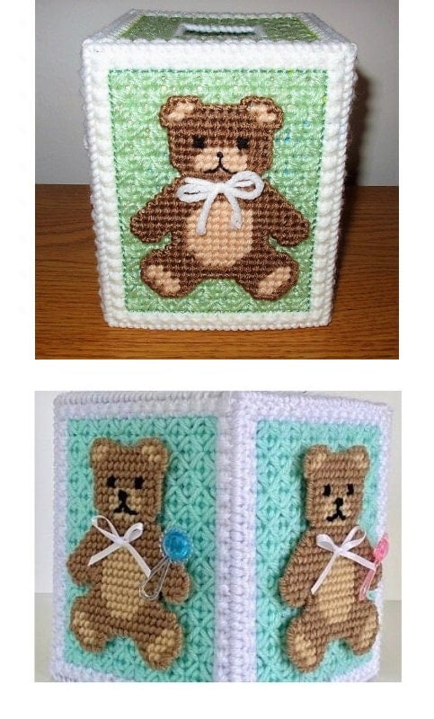 Vintage Plastic Canvas Tissue Box Cover Nursery Teddy Bears Pattern Baby's Room Tissue Topper PDF Instant Digital Download 7 Count