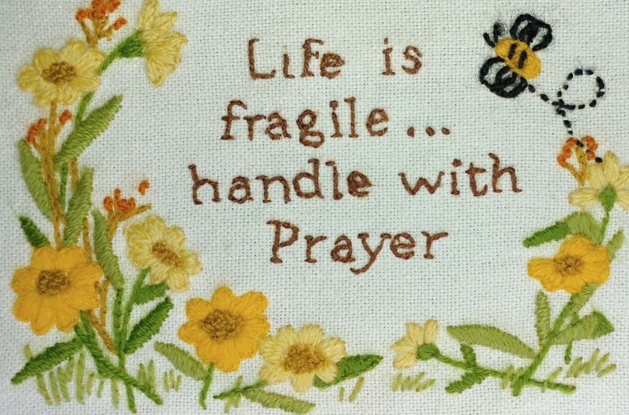 Vintage Crewel Embroidery Pattern Life Is Fragile Handle With Prayer Bumblebee Yellow Flowers Design PDF Instant Download Mini Stitchery 5x7