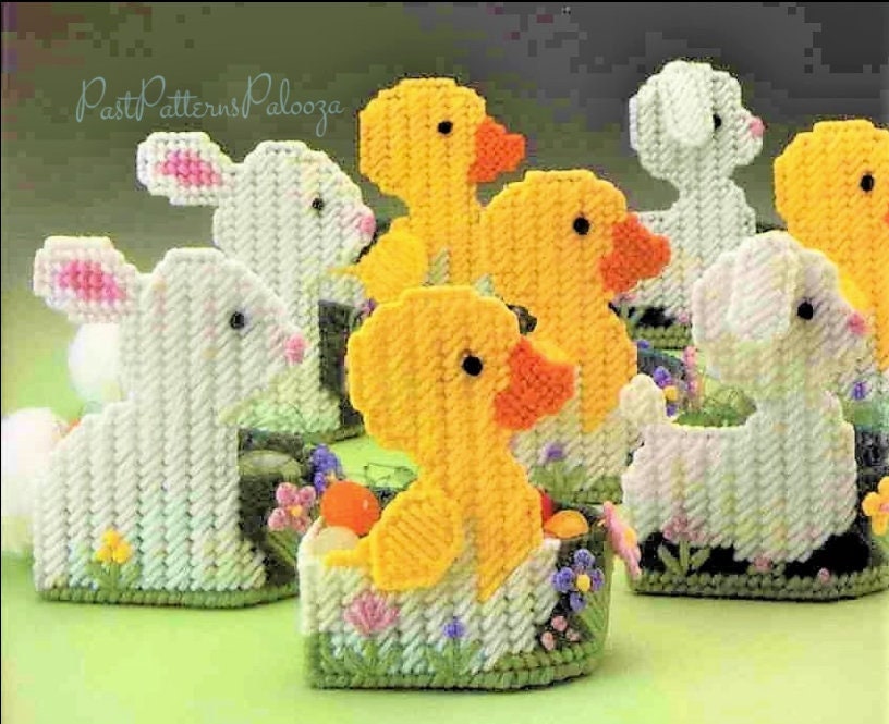 Vintage Plastic Canvas Pattern 4" Spring Bunnies Lambs Chicks Easter Candy Jelly Bean Holders PDF Instant Digital Download Mini Egg Baskets
