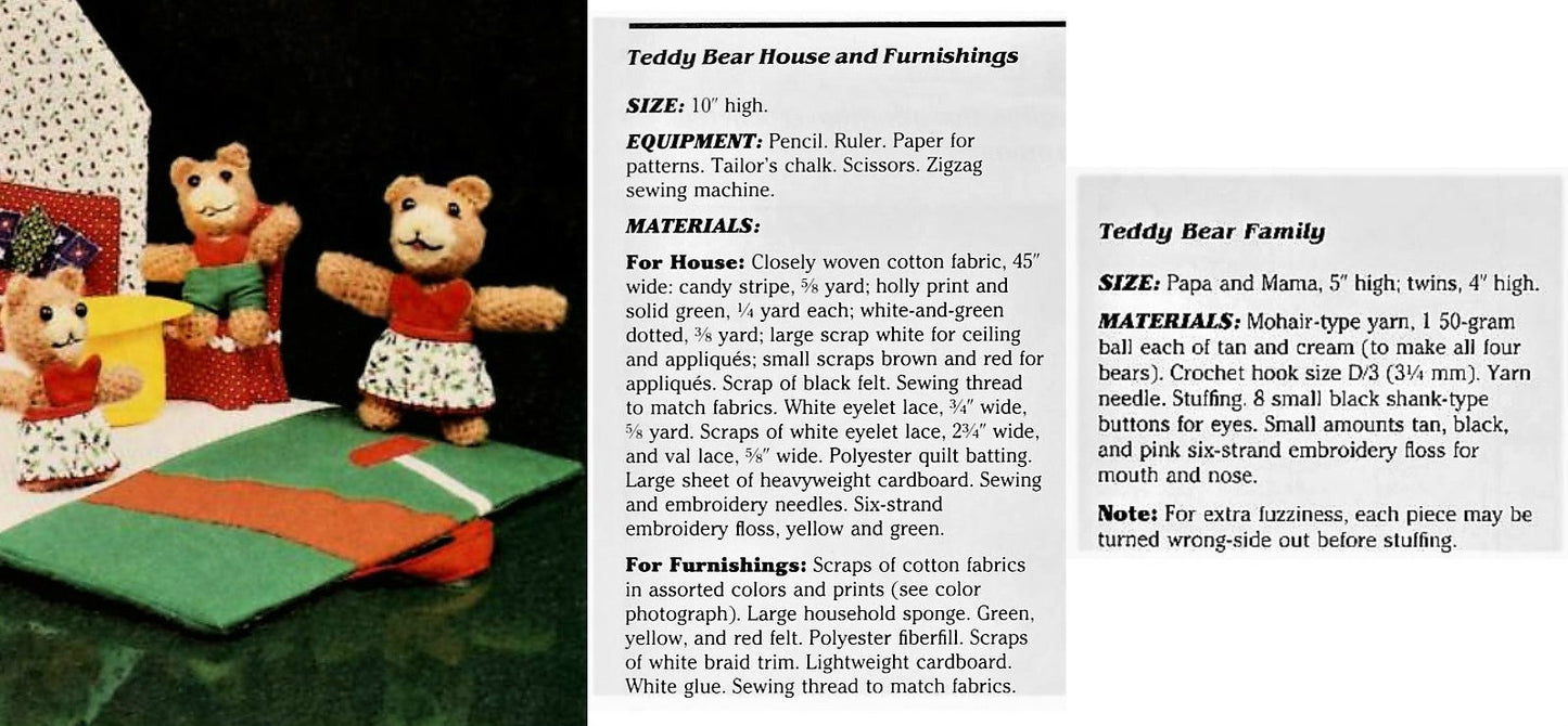 Vintage Crochet & Sewing Pattern Teddy Bear Family Christmas House Furniture Play Set PDF Instant Digital Download Travel Storage Carry Toy