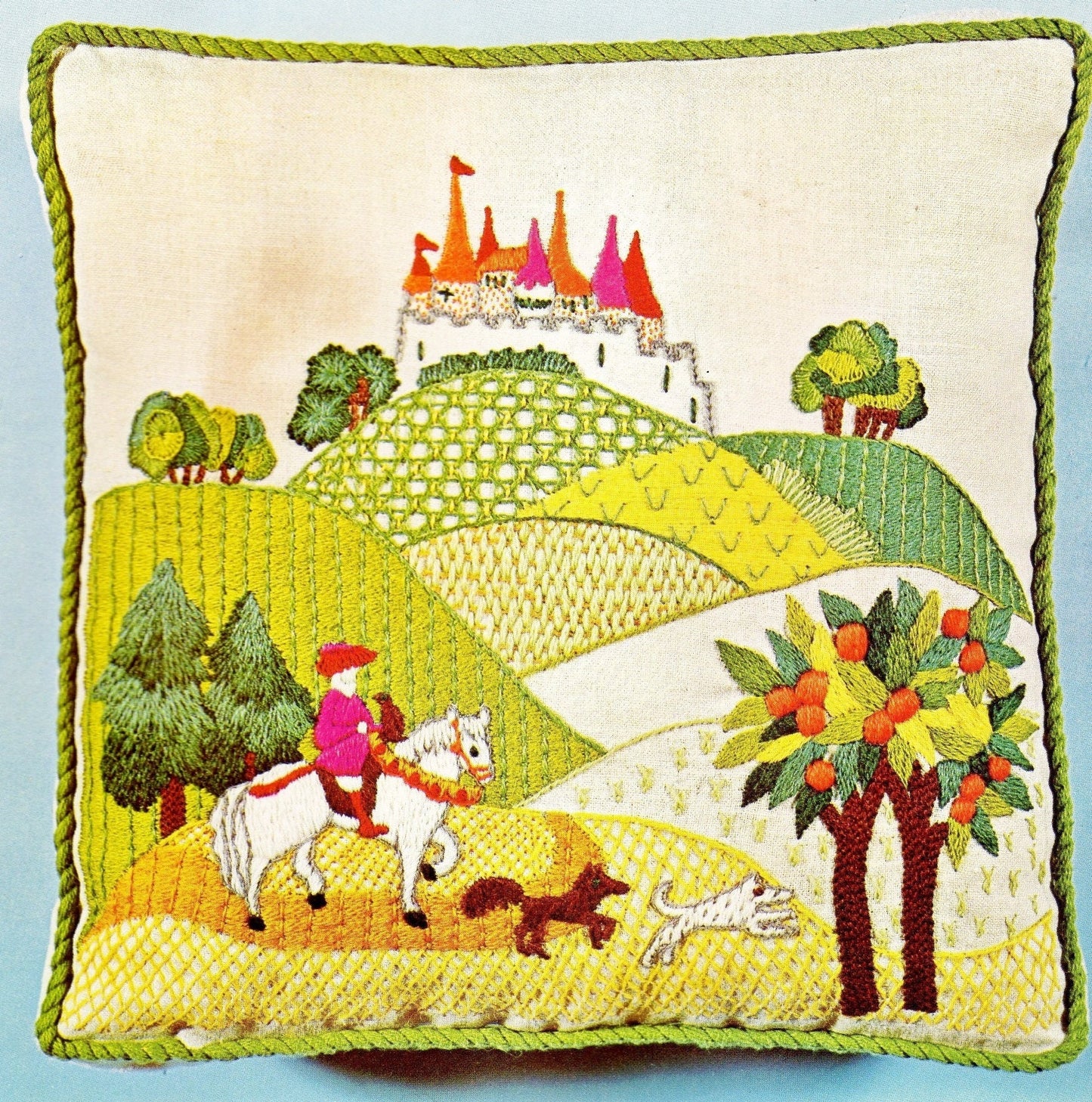 Vintage Crewel Embroidery Pattern Romance Revisited Knight With Dogs Medieval Castle Hillside Scene Stitchery PDF Instant Digital Download