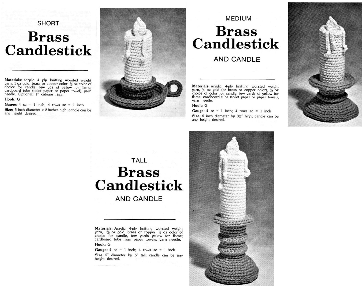 Vintage Crochet Pattern Brass Candlestick Candles Candleholders Three Sizes PDF Instant Digital Download Wizard Candle Amigurumi 10 Ply