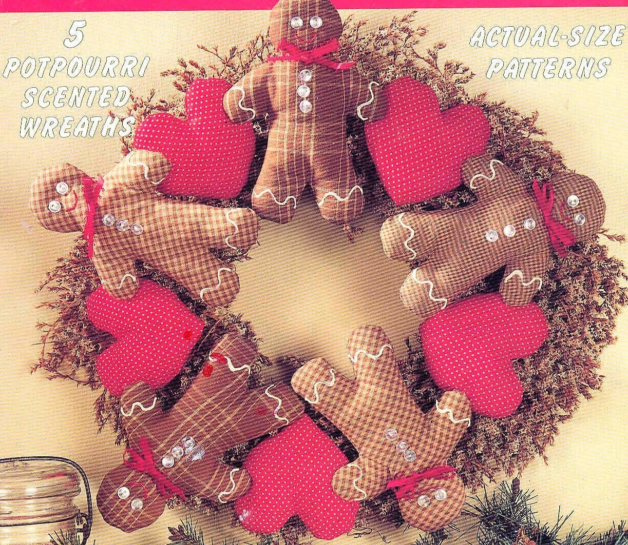 Vintage Sewing Patterns Calico Country Christmas Wreaths 5 Designs PDF Instant Digital Download Plush Trees Gingerbread Cat Angel Teddy