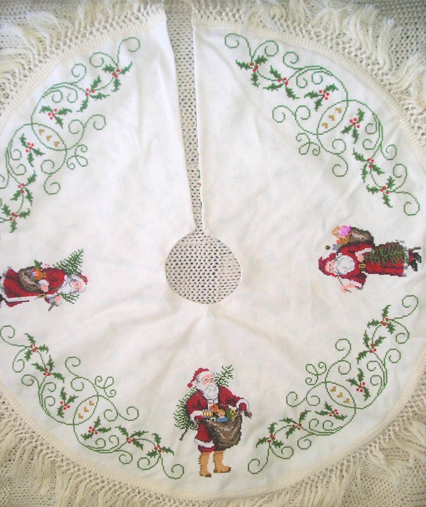 Vintage Cross Stitch Pattern Heirloom Santa Christmas Tree Skirt PDF Instant Digital Download Old World St Nick Holly Scrolls Design