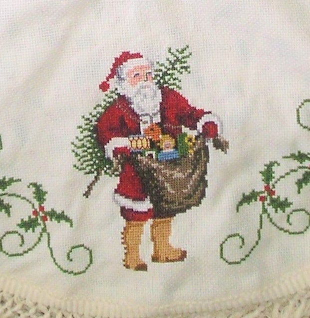 Vintage Cross Stitch Pattern Heirloom Santa Christmas Tree Skirt PDF Instant Digital Download Old World St Nick Holly Scrolls Design