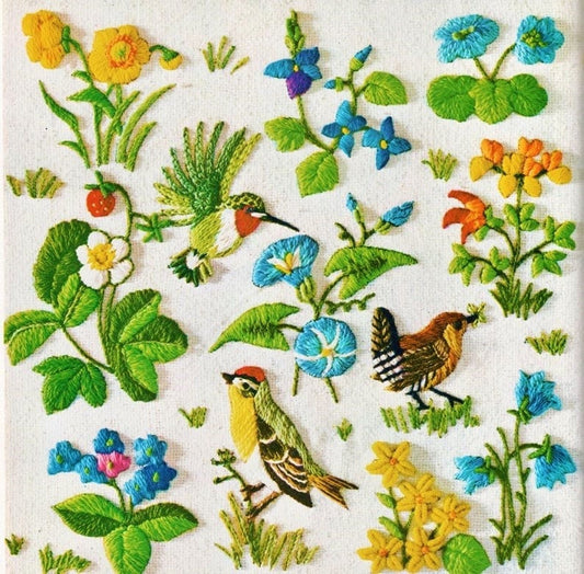 Vintage Crewel Embroidery Pattern Spring Birds Berries Plants Flower Blossoms Stitchery Motifs PDF Instant Digital Download Retro 1970s