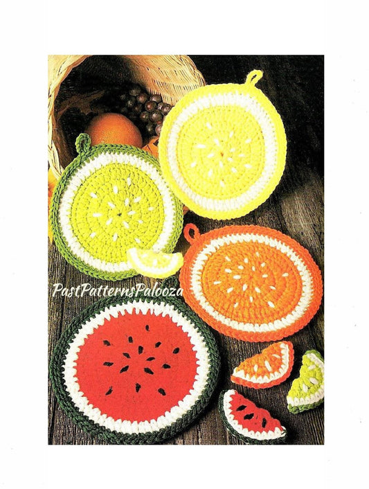 Vintage Crochet Pattern Fruit Slices Pot Holders Fridge Magnets Set PDF Instant Digital Download Watermelon Citrus Slices Potholders 4 Ply