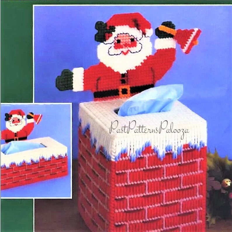 Vintage Plastic Canvas Christmas Tissue Box Cover Pattern Santa Chimney Holiday Tissue Topper PDF Instant Digital Download 2 Sizes 7 Count