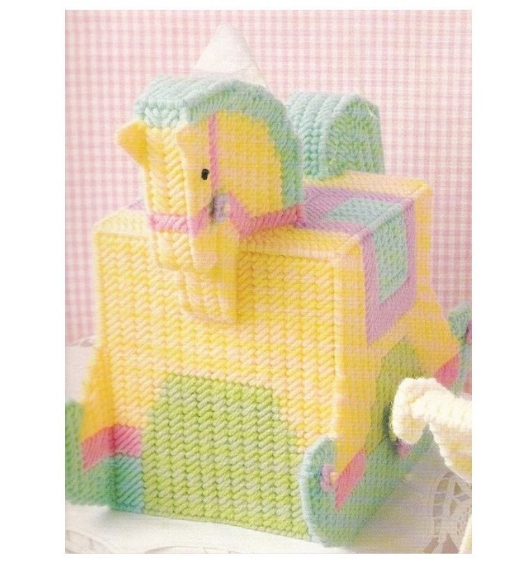 Vintage Plastic Canvas Pattern Tissue Box Cover Nursery Rocking Horse Baby's Room Tissue Topper PDF Instant Digital Download 7 Count