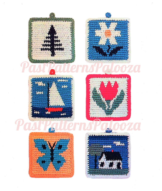 Vintage Crochet Pattern Fun Retro Picture Pot Holders PDF Instant Digital Download Flowers Tree Sailboat Butterfly House Potholders