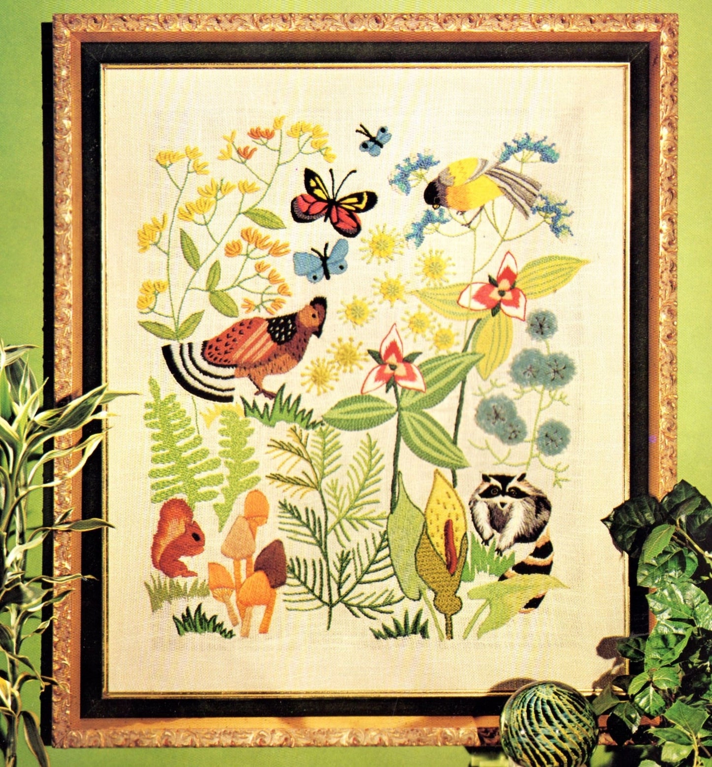Vintage Crewel Embroidery Pattern Woodland Plants Animals Botanical Insects Ecosystem Motifs PDF Instant Digital Download