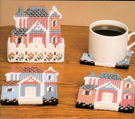 Vintage Plastic Canvas Pattern Pretty Victorian House Coasters Set PDF Instant Digital Download Retro Set of Four Designs 7 Mesh