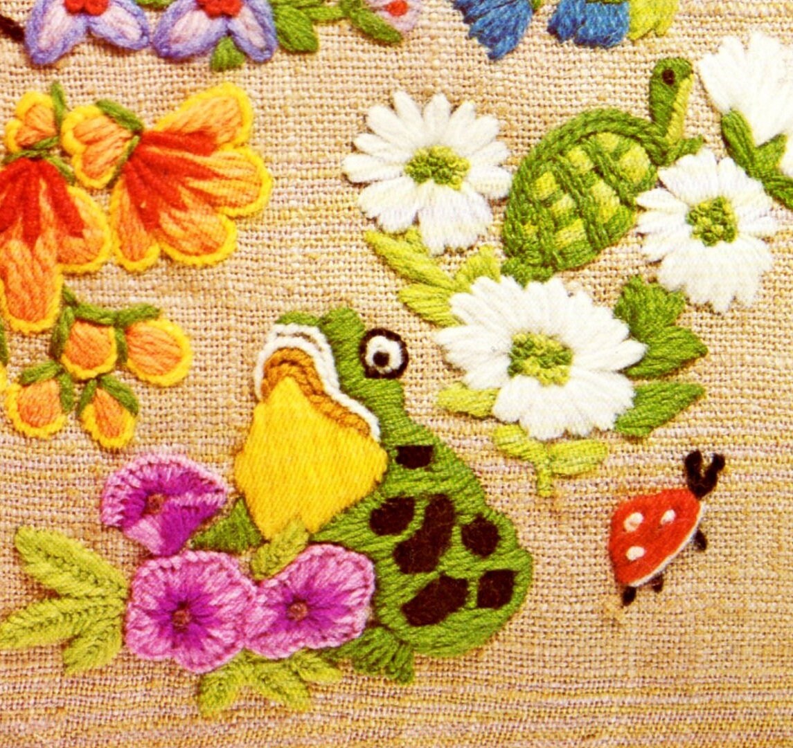PDF Vintage Crewel Embroidery Pattern Spring Garden Animals Flower Blossoms Birds Bugs Needlepoint Stitchery Instant Digital Download