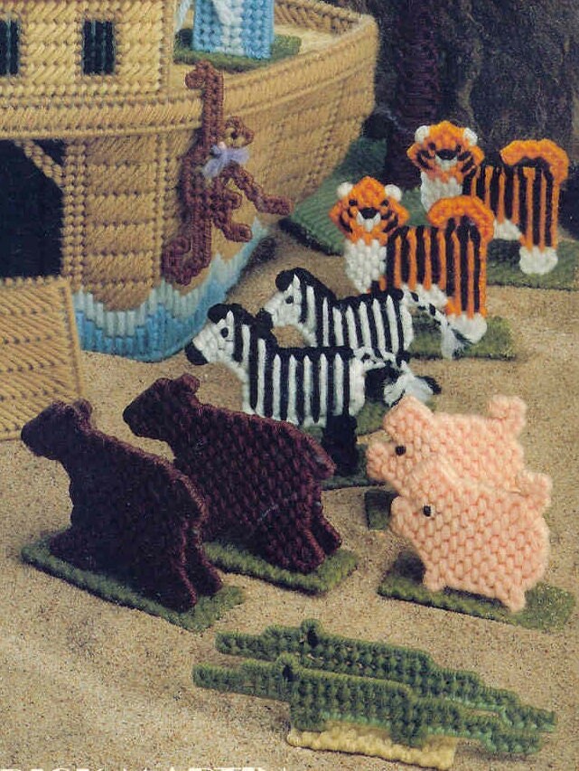 Vintage Plastic Canvas Noahs Ark Toy Play Set Tissue Box Cover and Hanging Mobile TWO Patterns PDF Instant Digital Download 7 Mesh