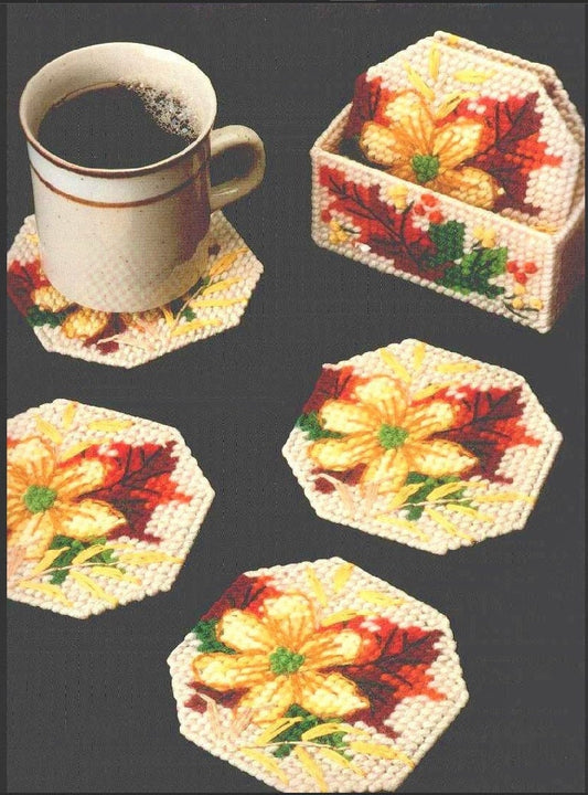 Vintage Plastic Canvas Pattern Autumn Flowers Coaster Set PDF Instant Digital Download Thanksgiving Fall Leaves Floral Craft Set of 6