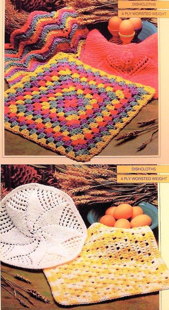 Vintage Dishcloth Patterns to Knit and Crochet 5 Designs PDF Instant Digital Download Granny Square Feather Fan Doily Style Dish Washcloths