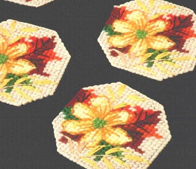 Vintage Plastic Canvas Pattern Autumn Flowers Coaster Set PDF Instant Digital Download Thanksgiving Fall Leaves Floral Craft Set of 6
