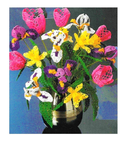 Vintage Thread Crochet Pattern 14" Lacy Mixed Spring Flower Bouquet PDF Instant Digital Download Iris Tulips and Daffodils