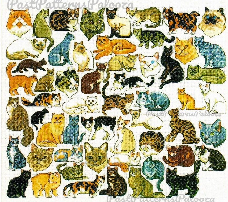 Vintage Cross Stitch Patterns Mini Kitty Cat Motifs PDF Instant Digital Download Embroidery 56 Purebred Cat Breeds Designs A1