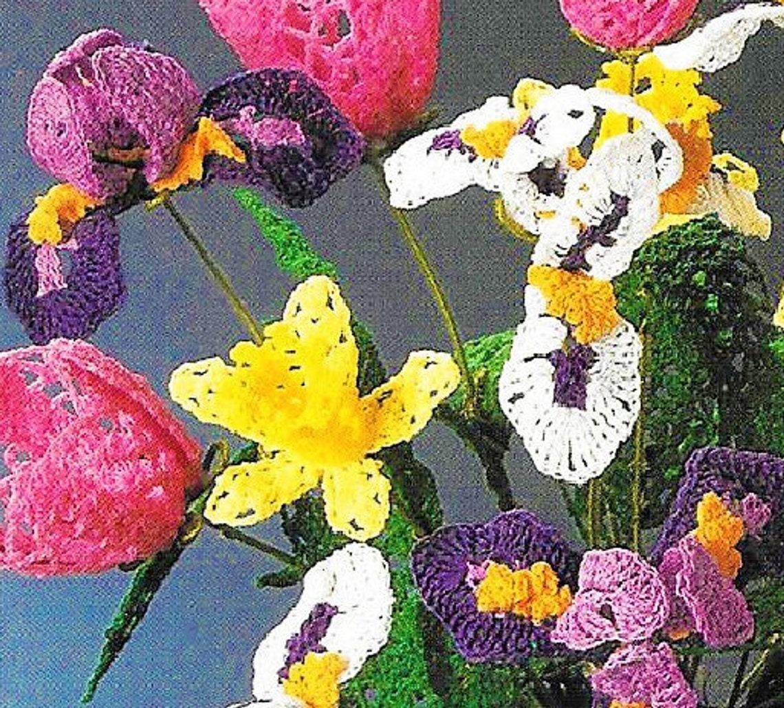 Vintage Thread Crochet Pattern 14" Lacy Mixed Spring Flower Bouquet PDF Instant Digital Download Iris Tulips and Daffodils