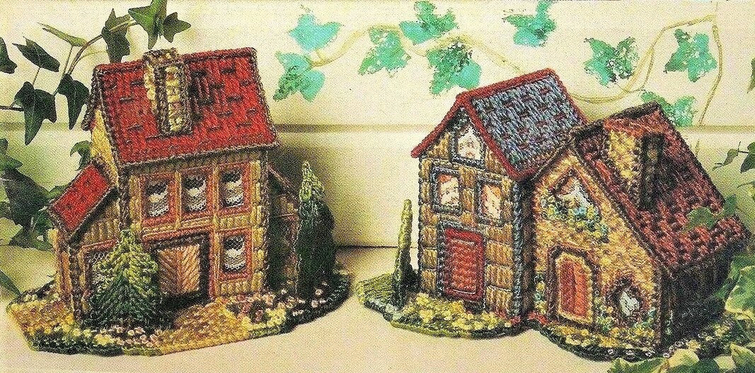 Vintage Plastic Canvas Pattern Rustic European Country Cottages Houses Village PDF Instant Digital Download 4 Cottage Designs 7 Count