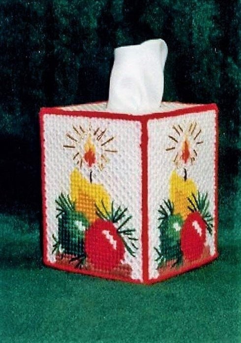 Vintage Plastic Canvas Christmas Candle Tissue Box Cover Pattern Holiday Tissue Topper PDF Instant Digital Download