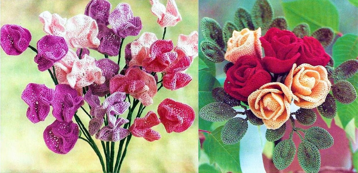 Vintage Crochet Pattern Roses & Sweet Peas Flowers PDF Instant Digital Download Artificial Wired Floral Arrangement Bouquet Crochet Cotton