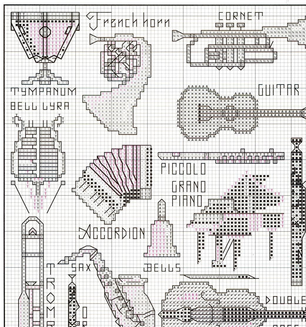 Vintage Cross Stitch Patterns Mini Musical Instruments Motifs PDF Instant Digital Download Embroidery 35 Music Orchestra Band Designs A1