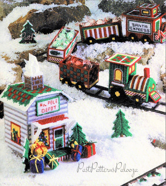Vintage Santa Express Holiday Train Patterns In Plastic Canvas Christmas Train Tissue Holder PDF Instant Digital Download 7 Mesh