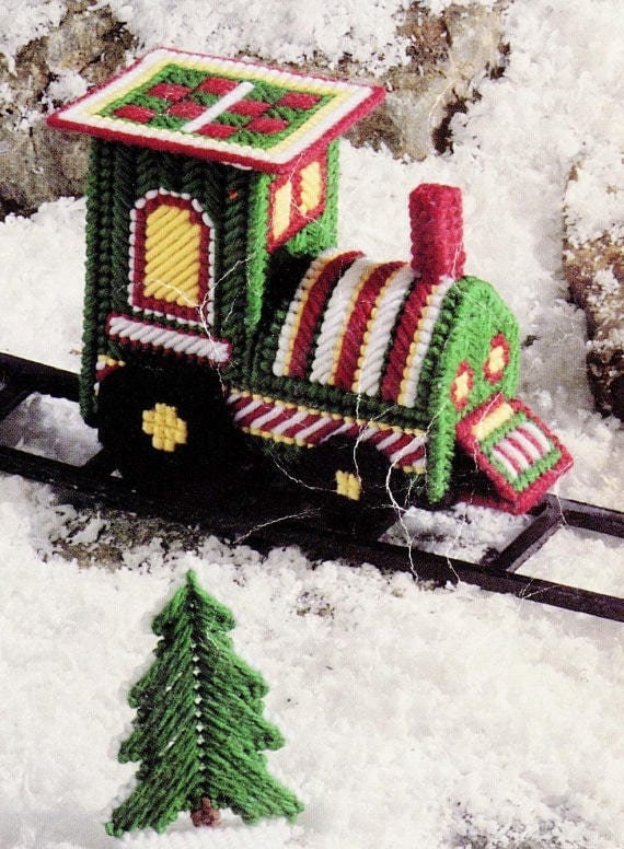 Vintage Santa Express Holiday Train Patterns In Plastic Canvas Christmas Train Tissue Holder PDF Instant Digital Download 7 Mesh