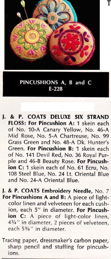 Vintage Embroidery Sewing Pattern 4" Flower Pincushions PDF Instant Digital Download 3 Retro Round Embroidered Pin Cushion Designs