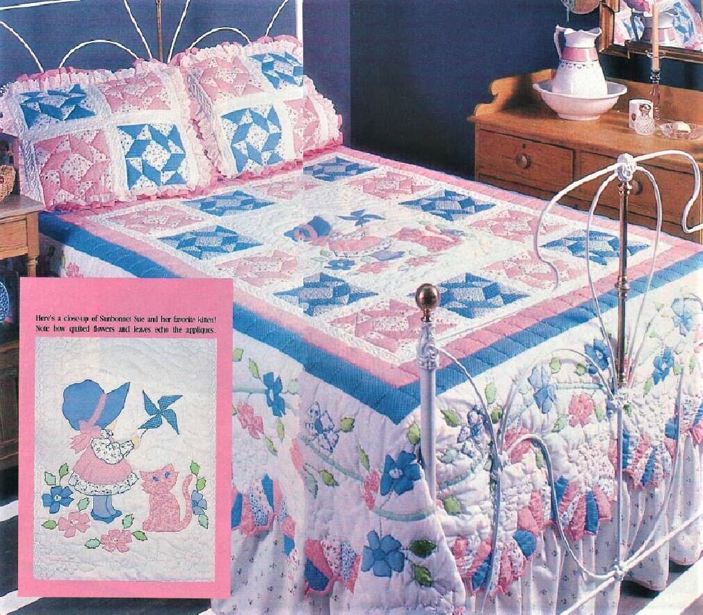 Vintage Sewing Pattern Sunbonnet Sue Quilt & Pillow Shams Set PDF Instant Digital Download Dresden Plate Patchwork Applique Bedspread 92x87
