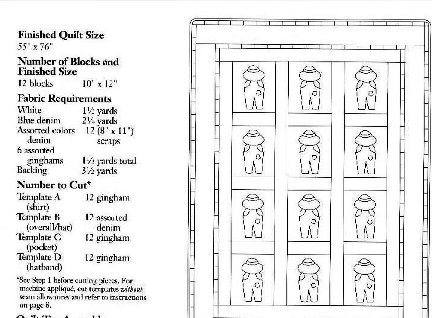 Vintage Sewing Pattern Overall Sam Childs Bed Quilt PDF Instant Digital Download Boys Twin Bed Applique Bedspread Sunbonnet 55x76