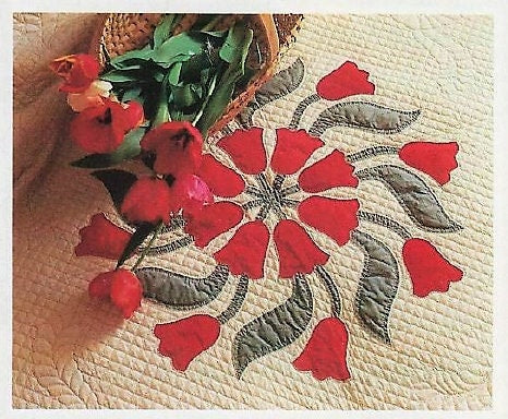 Vintage Sewing Pattern Quilted Tulip Wheels Swirls Bed Quilt PDF Instant Digital Download Patchwork Springtime Flower Bedspread 88x88