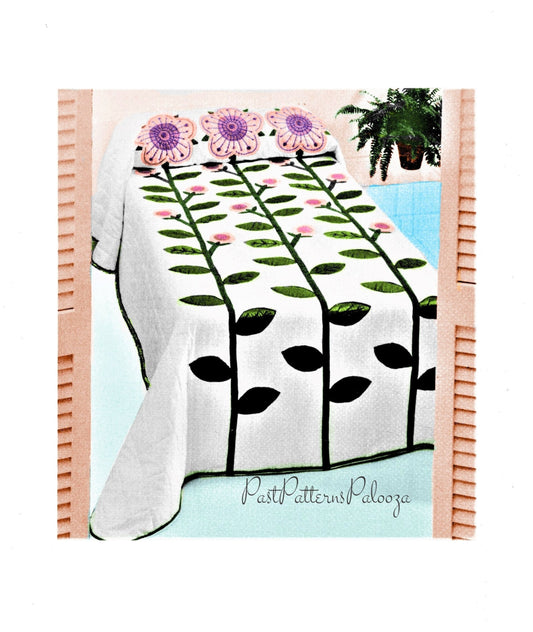 Vintage Sewing Pattern Triple Fairytale Flowers Bed Quilt PDF Instant Digital Download Retro Applique Three Giant Flowers Quilted Bedspread