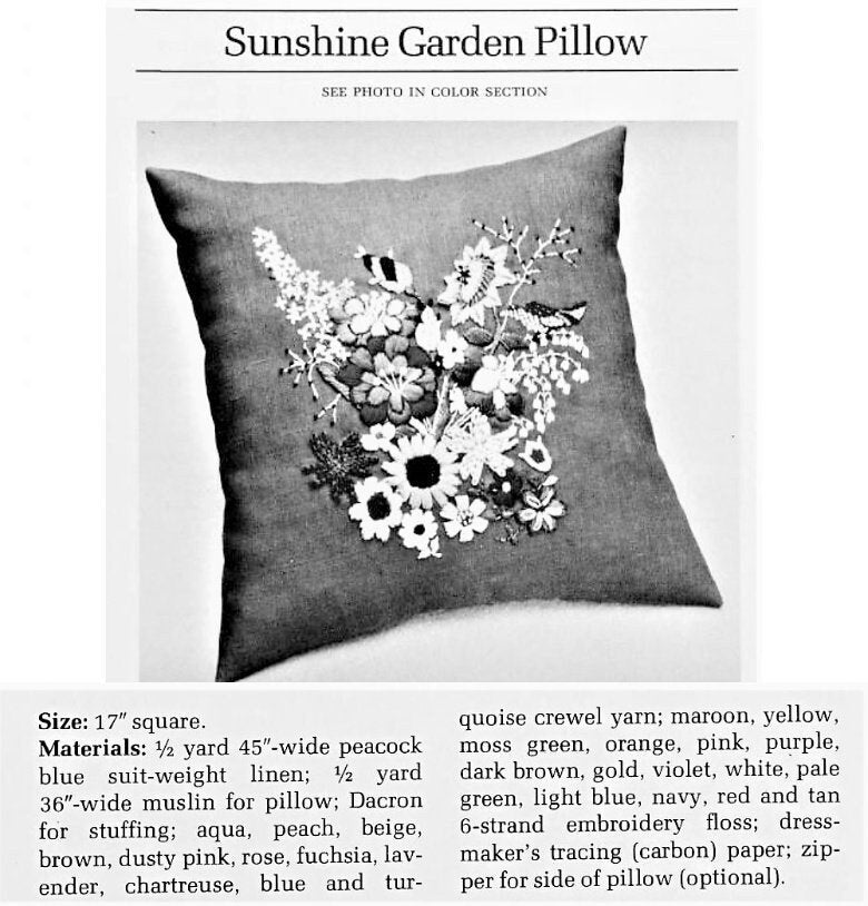 Vintage Crewel Embroidery Sewing Pattern 17" Sunshine Garden Pillow PDF Instant Digital Download Retro Floral Flower Little Bird Cushion
