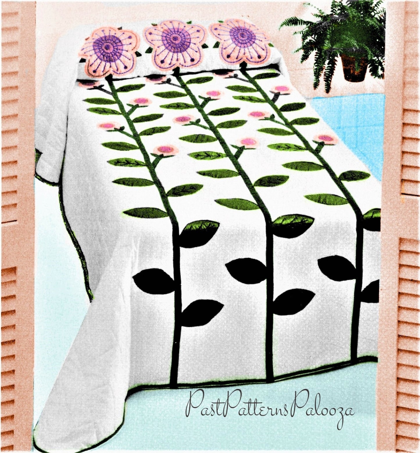 Vintage Sewing Pattern Triple Fairytale Flowers Bed Quilt PDF Instant Digital Download Retro Applique Three Giant Flowers Quilted Bedspread