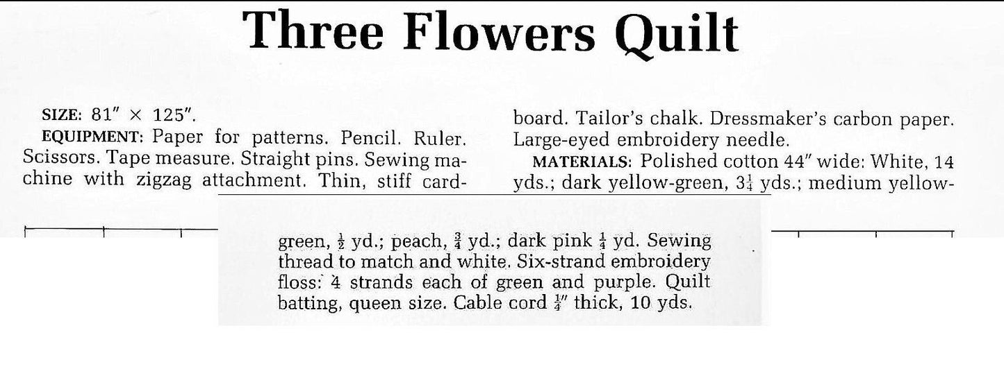 Vintage Sewing Pattern Triple Fairytale Flowers Bed Quilt PDF Instant Digital Download Retro Applique Three Giant Flowers Quilted Bedspread