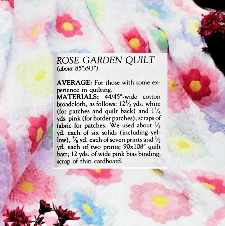 Vintage Sewing Pattern Grandmas Rose Garden Patchwork Quilt Blanket PDF Instant Digital Download Hexagon Rosettes and Diamonds 85x93