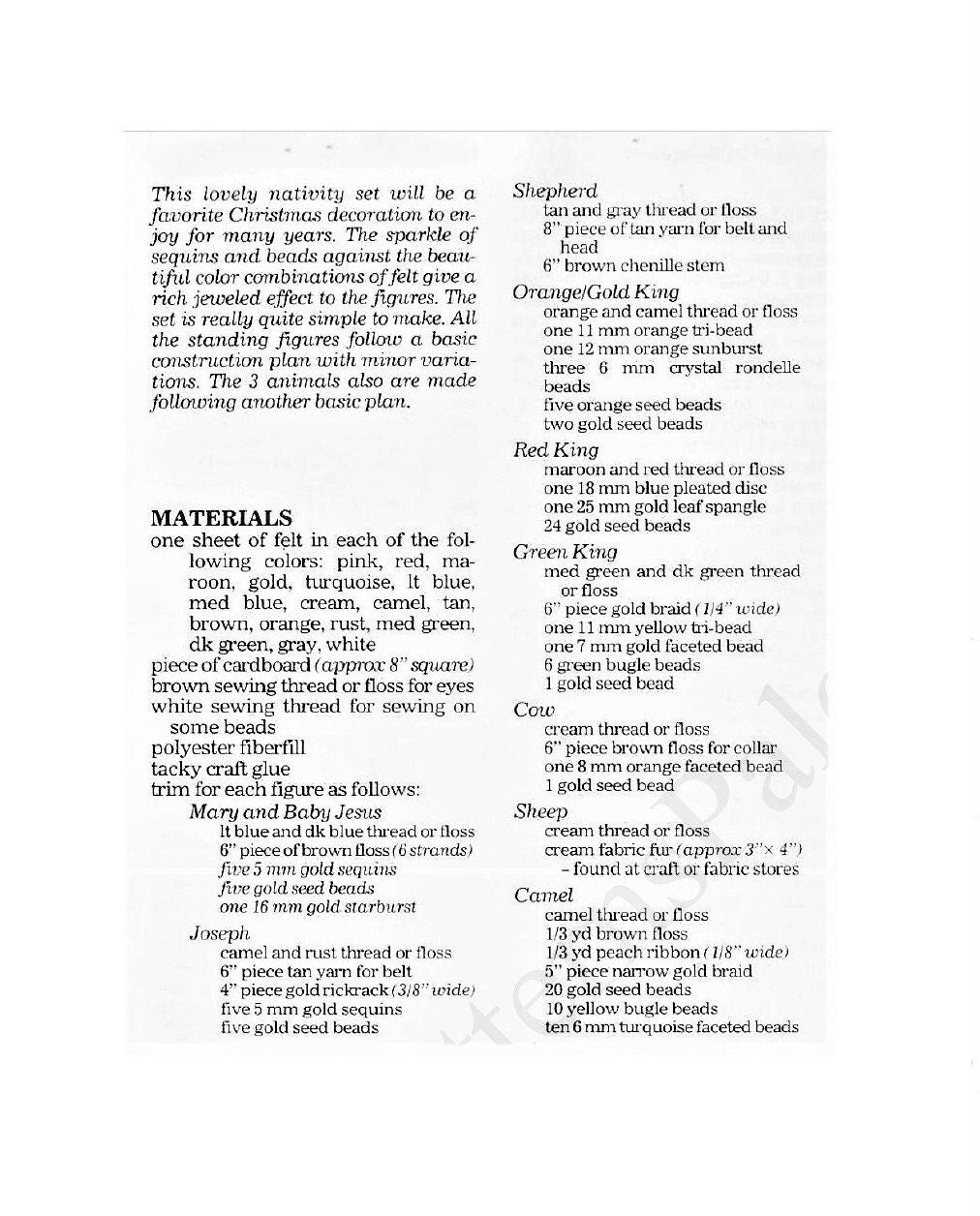 Vintage Christmas Sewing Pattern Felt Nativity Set 9 Figures Animals PDF Instant Digital Download Plush Stuffed Bead Sequin Embellished