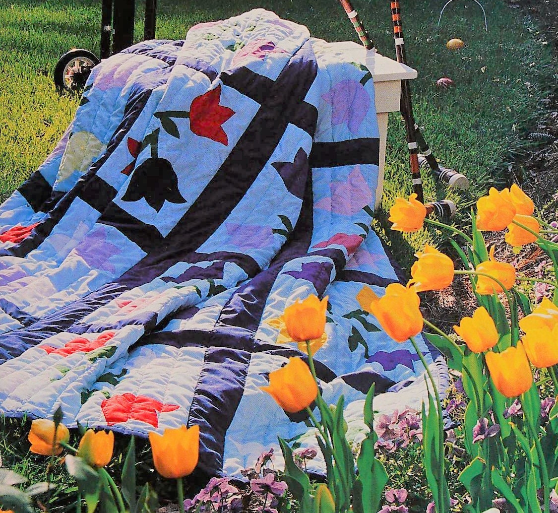Vintage Sewing Pattern Windmill Tulips Bed Quilt PDF Instant Digital Download Applique Flower Blocks Quilted Bedspread 81 x 102
