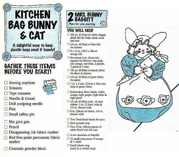 Vintage Sewing Pattern Mrs Bunny Kitty Cat Kitchen Bag Holders Catchers PDF Instant Digital Download Plush Fabric Plastic Bag Organizers