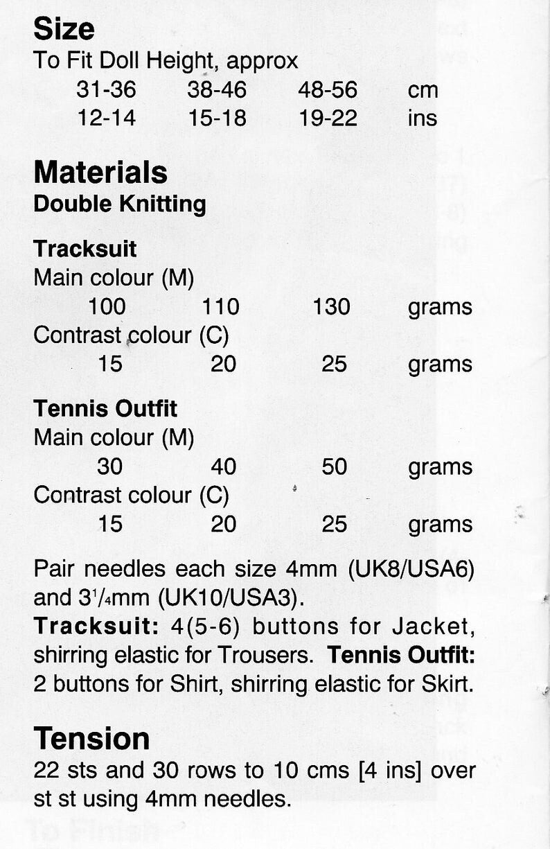 Vintage Knitting Pattern Sporty Doll Clothes for 12-14 15-18 19-22 Inch Dolls Tracksuit Tennis Outfit PDF Instant Digital Download DK