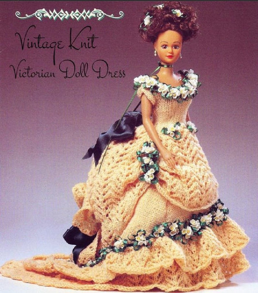 Vintage Knitting Pattern Victorian Doll Dress For 16 17 inch Doll PDF Instant Digital Download 17" Romantic Floral Fashion Doll Ball Gown
